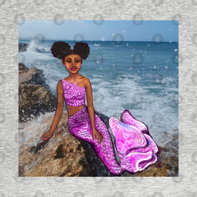 Coco the Magical rainbow mermaid with brown eyes, Afro hair in two puffs and caramel brown skin by Artonmytee